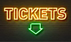 Tickets text in bright neon orange with a down arrow in bright neon green